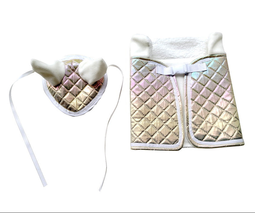 Keppihevosen toppaloimi ja korvahuppu - valkoinen ja kulta